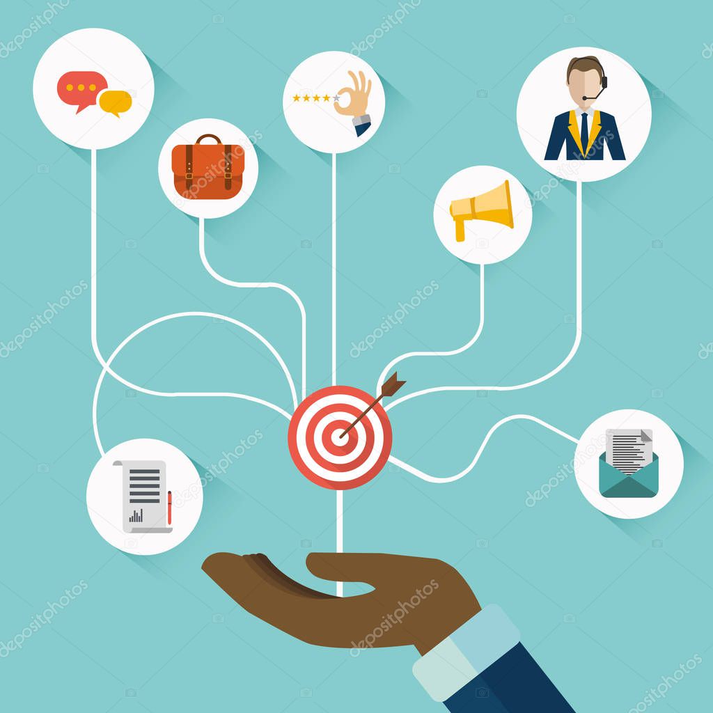 Male hand presenting customer relationship management. System for managing interactions with current and future customers. Flat vector illustration.