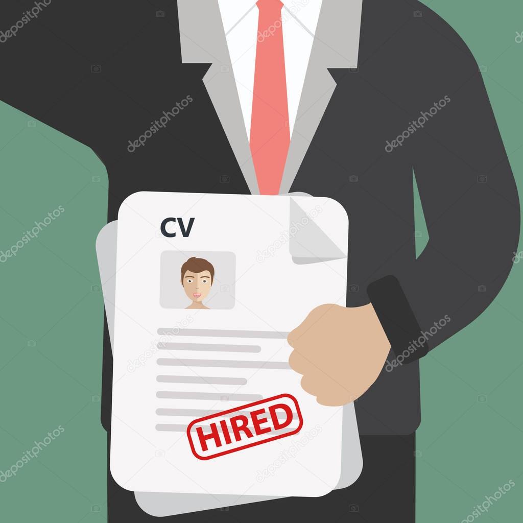 Man holding resume and stamp with Approved. Happy man got a job. Human resources management concept, searching professional staff, analyzing resume papers, work. Flat vector illustration.