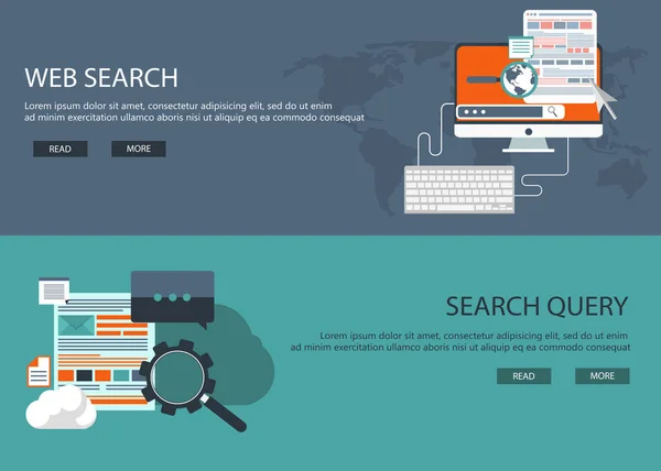 フラット コンピューティング バナー。Web 開発、検索。検索エンジン最適化。技術革新と技術。検索クエリの概念。フラットのベクトル図では、web およびモバイル アプリのバナー. — ストックベクタ