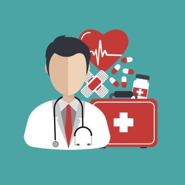 Vektör çizim modern düz tarzı, sağlık kavramı. Doktor ve tıbbi öğeleri. Düz vektör çizim.