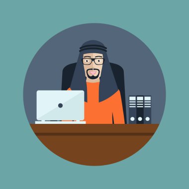 Ofis masa başında oturan Arapça iş adamı. Bilgisayar üzerinde çalışıyor. Düz vektör çizim.