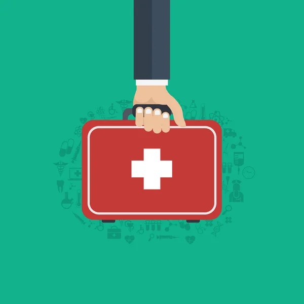Vector illustration in a modern flat style, health care concept. Hand with medical bag and medical icons. Flat vector illustration. — Stock Vector