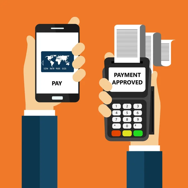 Poblíž oblasti komunikace platby koncept. Kreditní karty terminál potvrzuje platbu inteligentního telefonu. Plochá vektorové ilustrace. — Stockový vektor