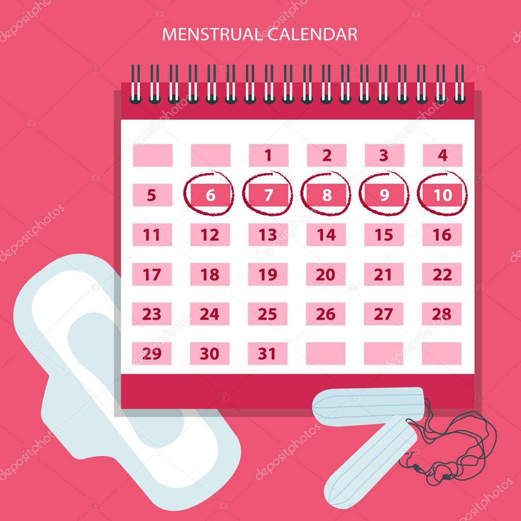 Menstruation calendar with cotton tampons. Woman hygiene protection. Woman critical days. Flat vector illustration.