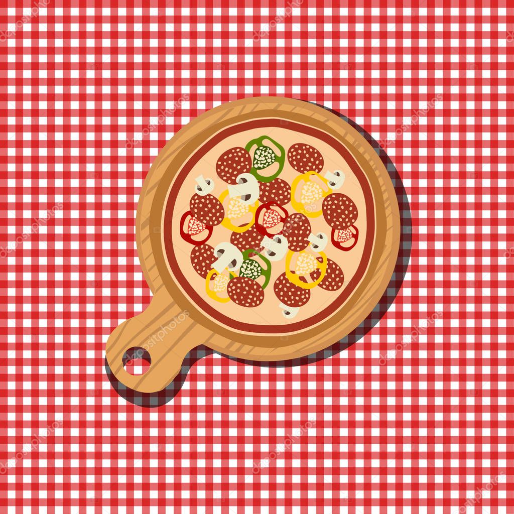 Pizza on wooden board. Tasty and fresh Italian fast food. Flat vector illustration.