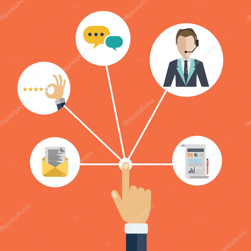 Male hand presenting customer relationship management. System for managing interactions with current and future customers. Flat vector illustration.