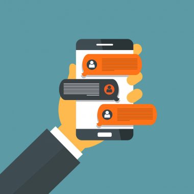 Akıllı telefon tutarak ve kabarcık konuşmalar sohbet el. Cep telefonu ile sohbet mesajı tebliğ. Konuşma ve iletişim hattı konuşmaya, kavramı konuşmak. Düz vektör çizim