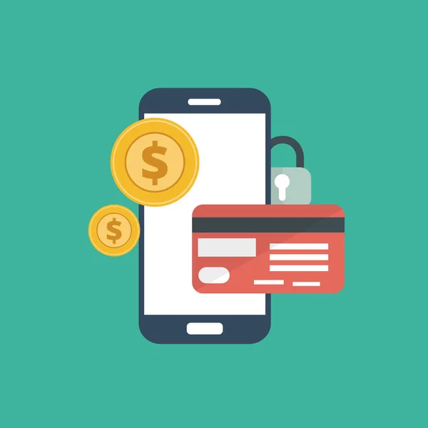 Smart phone sicurezza digitale per i pagamenti con carta di credito. Illustrazione vettoriale piatto — Vettoriale Stock