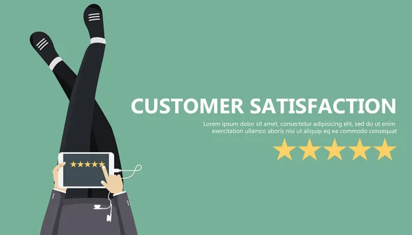 Beoordeling op customer service illustratie. Man die op de grond zit en een tablet in zijn schoot houdt. Website rating feedback en herziening concept. Platte vectorillustratie — Stockvector