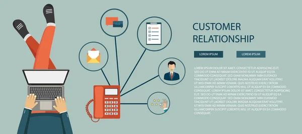 Business customer care service concept. Icons set of contact us, support, help, phone call and website click. Man sitting on the floor and holding lap top with telephone by his side. Flat vector — Stock Vector
