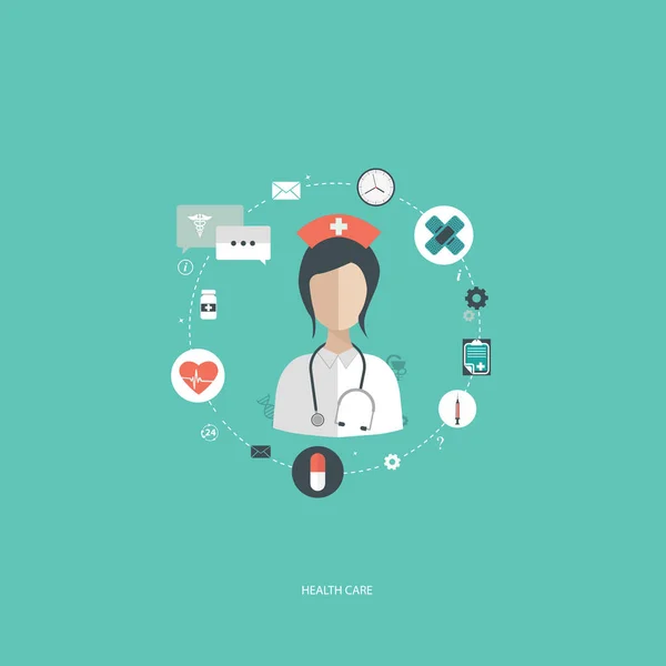 Vector illustration in a modern flat style, health care concept. A doctor in uniform with stethoscope and first aid kid. On line consultation. Flat vector illustration. — Stock Vector