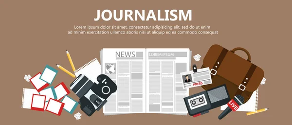 Journalisme bannière plate. Equipement pour journaliste sur bureau. Illustration vectorielle plate — Image vectorielle
