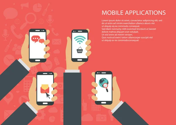 Concept d'applications mobiles. Mains avec les téléphones. Illustration vectorielle plate. — Image vectorielle