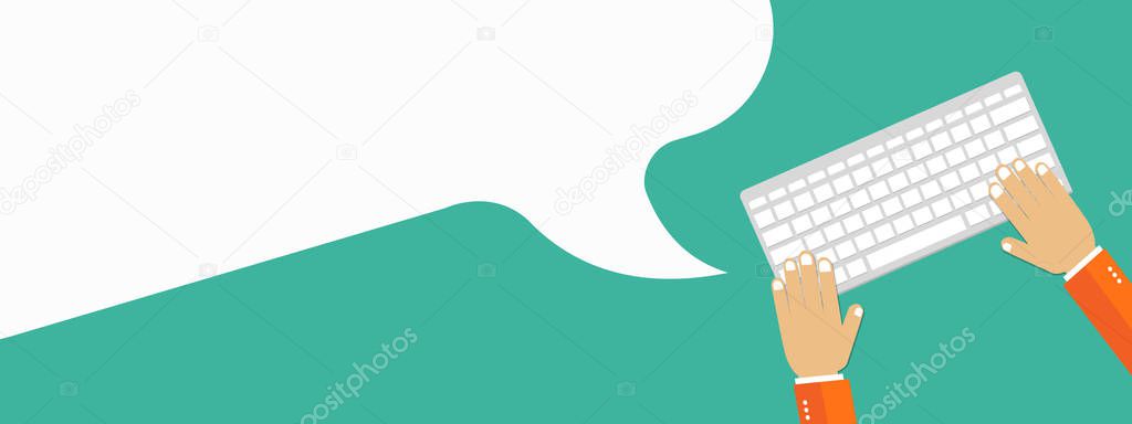 Social network and chatting banner. Global communication, e mailing, web calls. Hands on keyboard with huge speech bubble. Flat vector illustration