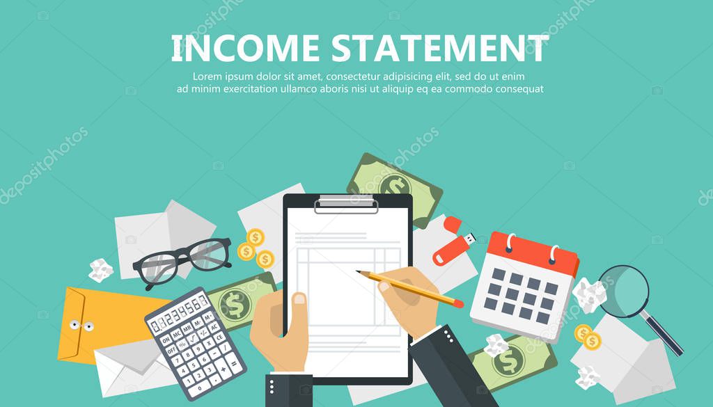 Invoice. Financial calculations. Working process. Businessman hands, calculator, financial reports, money, coins, pen. Top view. Vector illustration in flat design on green background