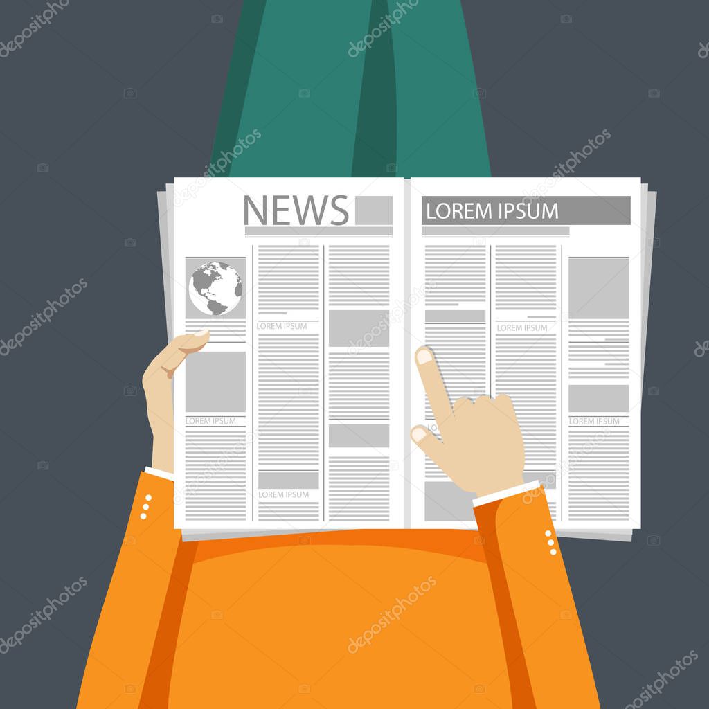 Man sitting on the floor and reading newspaper. Flat vector illustration