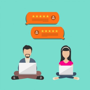 Geri bildirim, referansları mesajları ve bildirimler kavramı. Gözden geçirme derecelendirme ile konuşma balonları, düz stil inceleme iyi oran ve metin ile yıldız. İnsanlar ile tur başında oturan ve eleştiri yazanları.