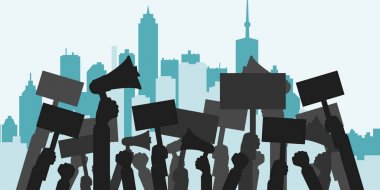 Protesto, devrim ya da çatışma için kavram. İnsanlar protestocular siluet kalabalık. Düz vektör çizim.