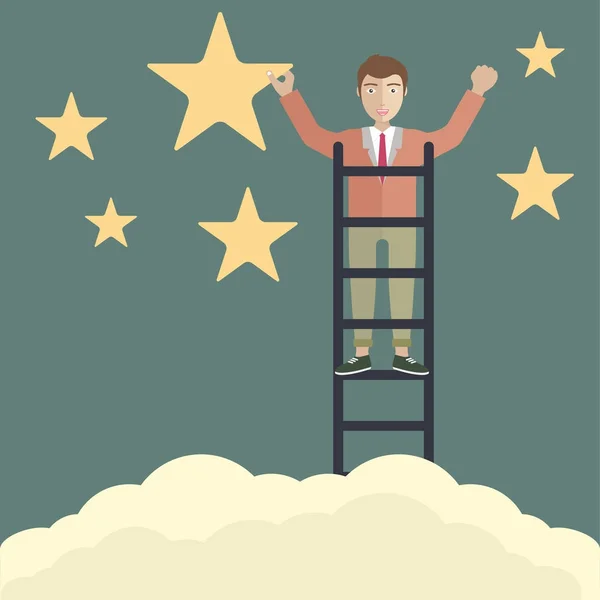 Metaphor for successful business or reaching to goal. Businessman reaching to the star standing on ladder. Vector illustration.
