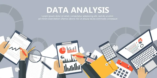 Finances, affaires, plan, travail, croissance, économie, paperasserie, consultant. Mains d'homme d'affaires avec feuille de papier. Concept d'analyse. Audit fiscal, analyse des marchés financiers, rapport financier . — Image vectorielle