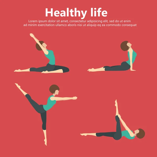 Healthy life concept. Sport and recreation. Yoga positions, gymnastics and fitness training. Flat vector illustration. Icon set