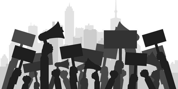 Concept for protest, revolution or conflict. Silhouette crowd of people protesters. Flat vector illustration.
