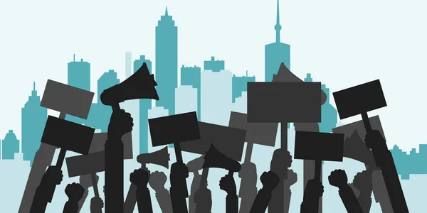 Protesto, devrim ya da çatışma için kavram. İnsanlar protestocular siluet kalabalık. Düz vektör çizim.