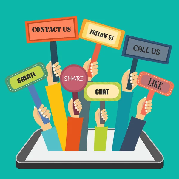 Hands holding signs with social actions coming out of smart phone. Flat vector illustration