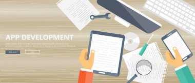 Düz vektör tasarım illüstrasyon kavramı uygulama geliştirme için. Başarılı iş kurma kavram. Düz vektör çizim