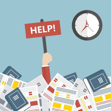 Son tarih kavramı. İşadamı Office belgeleri ve yardım afişini tutan bir sürü altında yardıma ihtiyacı var. Düz vektör çizim