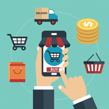 Mobil Pazarlama ve mobil kavramı alışveriş. Düz vektör çizim