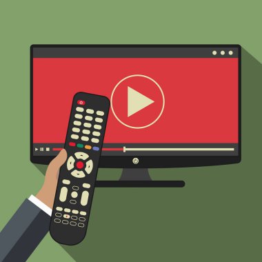 El tutma uzaktan kumanda. TV simgesi kavramı. Televizyon oyun simgesi. Akıllı Tv kavramı. Düz vektör çizim