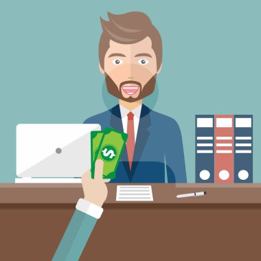 Camın arkasında oturan bankacı. Adam katip para almak bir banka ofiste. Düz vektör çizim