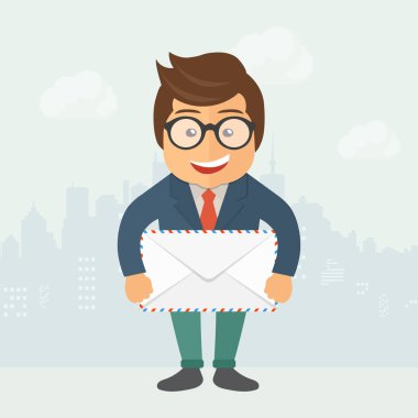 Posta holding karikatür postacı. Düz vektör çizim