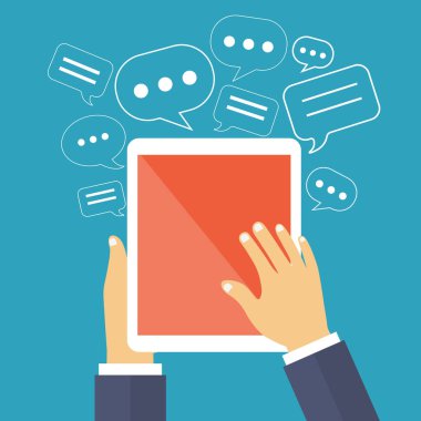 Boş ekran ve konuşma kabarcıklar ile tablet. Sosyal ağ ve Internet kavramı sörf. Düz vektör çizim