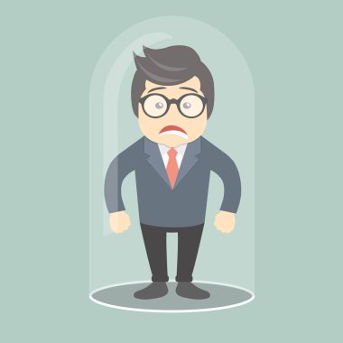 Üzgün işadamı cam ampul içinde sıkışmış. Düz vektör çizim