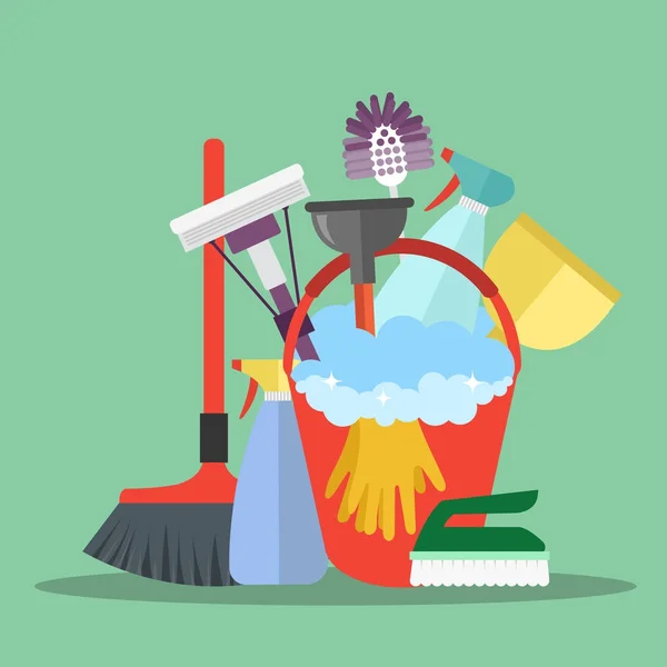 Temizlik Malzemeleri Temizlik Hizmeti Konsepti Çeşitli Temizlik Araçlarıyla Temizleme Servisleri — Stok Vektör