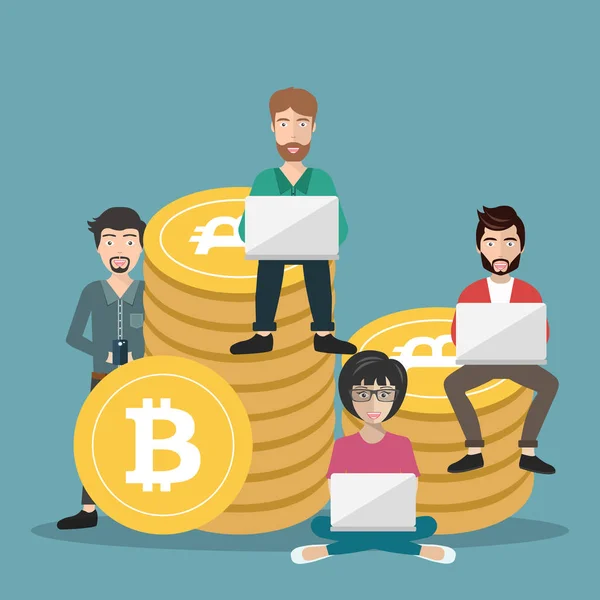 Bitcoin kavramı vektör çizim çevrimiçi finansman ve yatırım bitcoin için yapmak için dizüstü bilgisayar ve akıllı telefon kullanan gençlerin. Yeni teknoloji simgesi. Düz vektör çizim