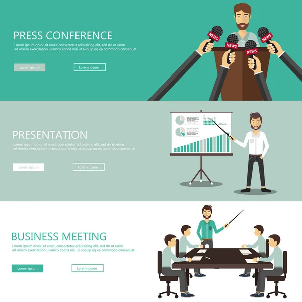 Pressekonferenz Geschäftspräsentation Und Banner Für Geschäftstreffen Auf Der Website Flache — Stockvektor