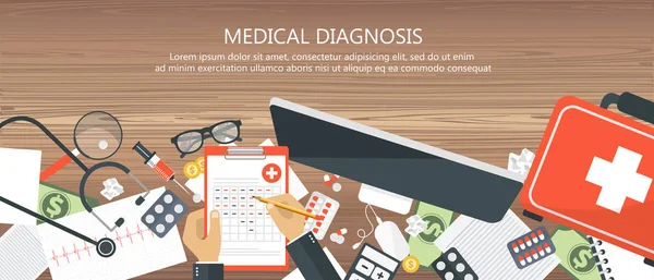 Medical diagnosis concept. Medicine and healthcare. Wooden desk with medical equipment. Flat vector illustration
