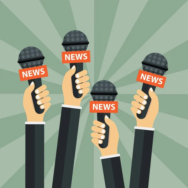 Mikrofone Reporterhänden Mikrofonsatz Isoliert Auf Grünem Hintergrund Massenmedien Fernsehen Interview — Stockvektor