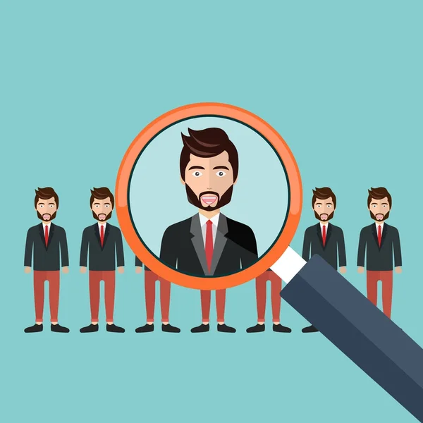 Choosing the best candidate for the job concept. Magnifying glass picking up a businessman figure from the row. Flat design