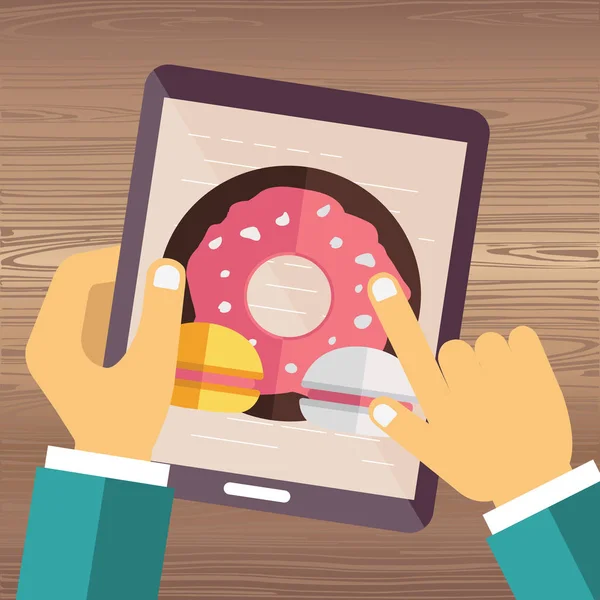 Mão Segurando Telefone Inteligente Com Donut Biscoitos Tela Peça Comida —  Vetores de Stock
