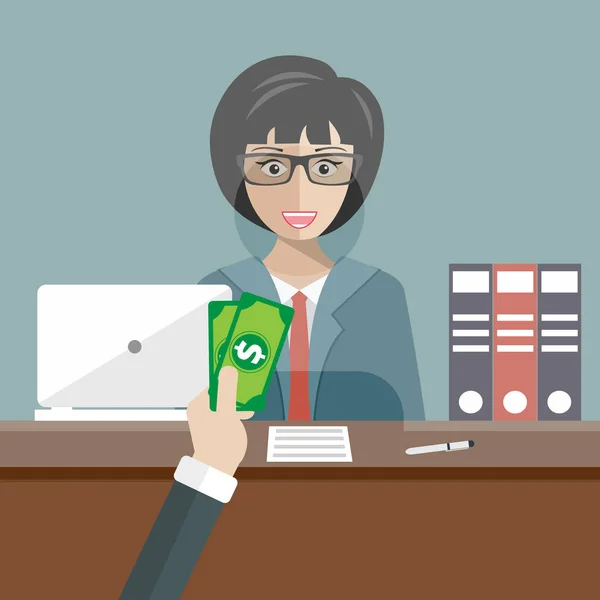 Bank teller sitting behind glass. Woman clerk in a bank office receiving money. Flat vector illustration