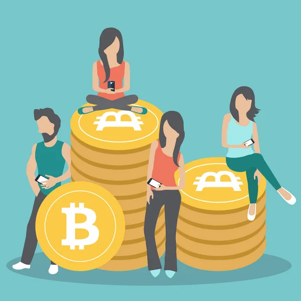 Bitcoin concept vector illustration of young people using laptop and smartphone for online funding and making investments for bitcoin. New technology icon. Flat vector illustration