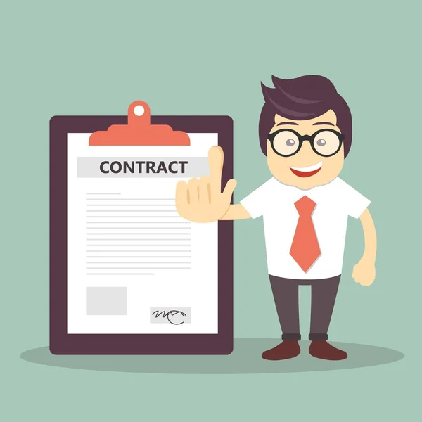 Businessman Standing Next Contract Agreement Document Flat Vector Illustration — Stock Vector