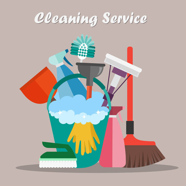 Equipment Cleaning service concept. Poster template for house cleaning services with various tools. Flat vector illustration