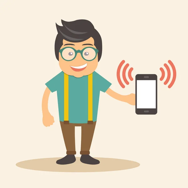 Man holding ringing smart phone in his hand. Flat vector illustration