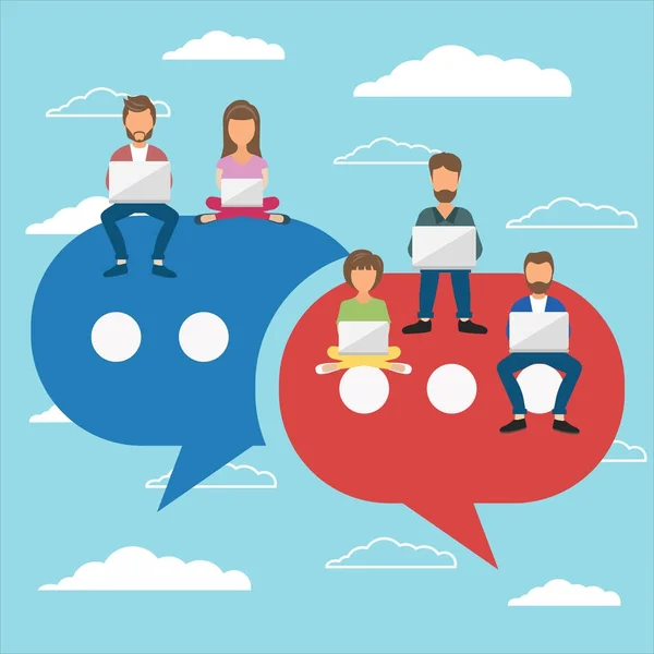 People Sitting Big Symbols Speech Bubbles Comment Reply Concept Flat — Stock Vector