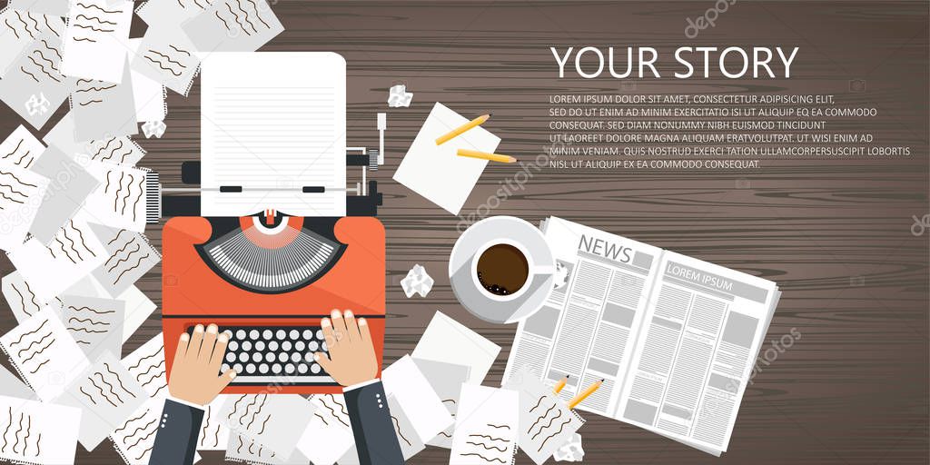 Write your story business banner for journalism. Flat vector illustration